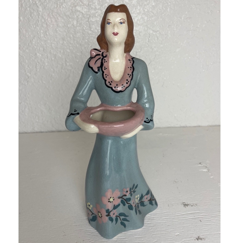 Vintage Weil Ware Ceramic Lady 11" Figurine Blue Pink Flowers Mid Century 3053